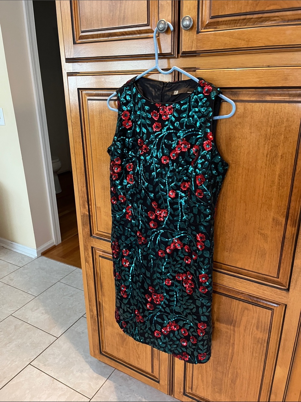 Leslie Fay Black Mini Dress with Red and Teal Sequin Floral Embroidery